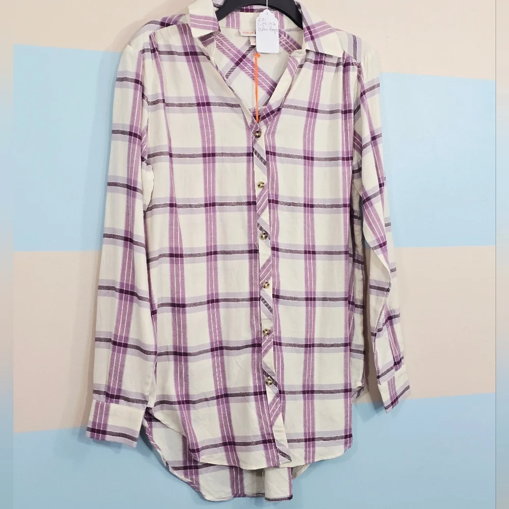 NWT Knox Rose Oversized  Purple Plaid Button Front Flannel - Picture 3 of 9